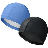 ATNOSH 2 Sück Wasserdicht Bademütze, Badekappe für Herren Damen, PU Beschichtet, Elastische Badekappen für Erwachsene, Leich Schwimmhaube, Weiche, Komfortable, Strapazierfähige (Schwarz+Blau)