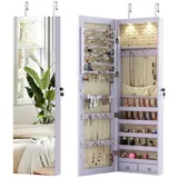 COSTWAY Schmuckschrank mit LED & Spiegel abschließbar, Wandspiegel hängend lila