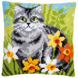 Vervaco PN-0150975 Kreuzstichkissen Set vorgezeichnet, Baumwolle, Katze Zwischen Blumen, 40x40cm