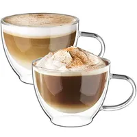 ecooe Doppelwandige Cappuccino Tassen Glaser Latte Macchiato Glaser Borosilikatglas Kaffeetassen Glas 2er Set 350ml Kaffeeglas Teegläser mit Henkel für Cappuccino,Tee,EIS,Milch,Bier