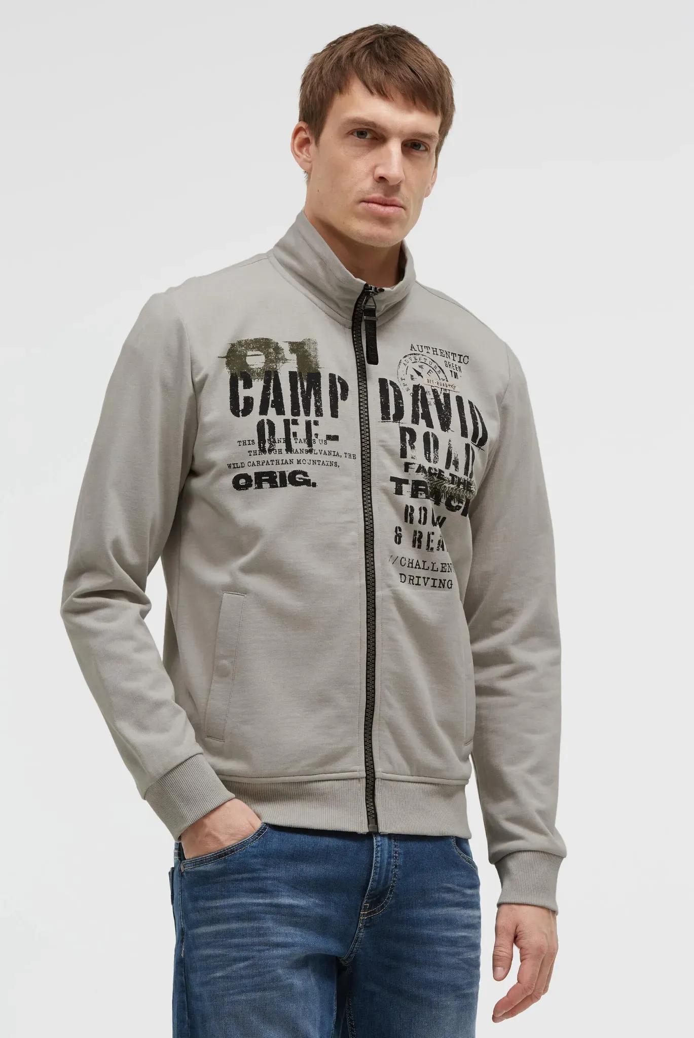 Sweatjacke CAMP DAVID, Herren, Gr. M, grau, Material: 52% Baumwolle, 48% Polyester, bedruckt, regular fit normal, hoch geschlossener Ausschnitt, eingesetzt Rippbündchen, Sweatjacken Sweatjacke, mit Reißverschlusstaschen