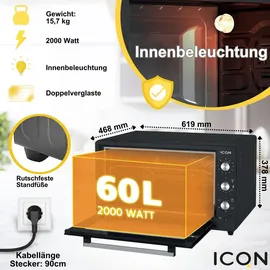 ICQN Minibackofen 60 Liter XXL mit Umluft, Drehspieß, Emailliert, Anthrazit