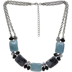 Steuer Modeschmuck Collierkette silberfarben doppelreihig, Zierelemente blau schwarz silber