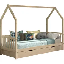 Vipack Hausbett VIPACK "Cabane, mit Dachaufbau, Bettschublade auf Rollen u. Sprossenumrandung", beige (natur, natur, natur), B:98cm H:169cm L:208cm, Betten, sehr stabil und standfest gebaut inkl. Massivholz Rolllattenrost