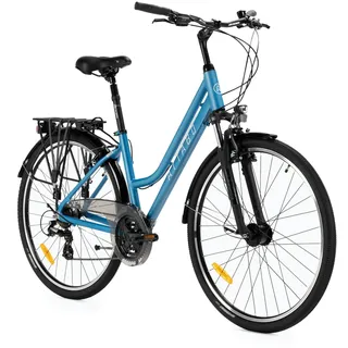 ATTABO Damen Trekkingfahrrad 28′′ Gr. 19′′ Blau – 6061 Alu Rahmen, SR Suntour SF14 Federgabel, V‐Brake, ergonomischer Zoom Lenker, Shimano Schaltung, LED‐Beleuchtung, Gepäckträger