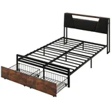 DOPWii Metallbett 140*200cm Flachbett,Eisenrahmenbett,Ausgestattet mit USB-Buchse, Bett mit farblich veränderbarem Ambientelicht,24-Tasten-Fernbedienung braun|schwarz