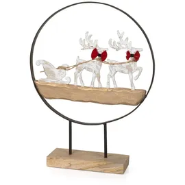 moritz Weihnachtsfigur Rentier mit Schlitten im Metallring auf Holzsockel 53,5 cm festliche Dekofigur aus Metall und Holz für Tisch Kommode oder Fensterbank