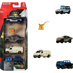 Matchbox Jurassic World 5er-Pack, 4 Die-Cast-Spielzeugautos im Maßstab 1:64 mit 1 Dinosaurier (Stile können abweichen)