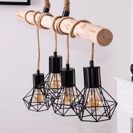 GLOBO LED Hängeleuchte Esszimmerlampe Deckenleuchte Pendellampe, Holz Balken, Hanfseil, Retroleuchte Vintage Rustikal, 4-Flammig, 4x E27 Filament LED warmweiß, Länge 100 cm