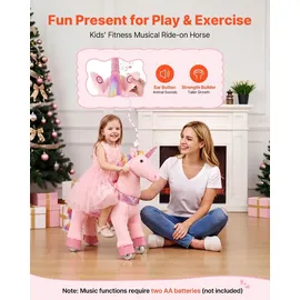 Vevor Reitpferd auf Rollen 80cm, 50kg Belastbares Stehpferd mit Soundfunktion, Spielpferd mit Erhöhtem Sitz Griffen Pedalen, Rosa Einhorn mit Regenbogenmähne zum Reiten für Kinder Mädchen 3-8 Jahren