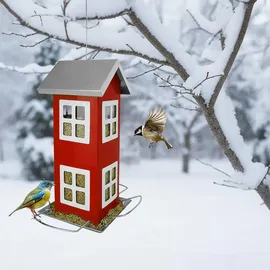 Relaxdays Vogelhaus, Metall, zum Aufhängen, 26 x 12 x 12 cm, kleines Vogelfutterhaus für Garten & Balkon, rot