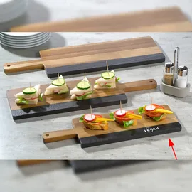 APS-Germany APS Servierbrett „Akazie-Schiefer“, rustikales Servierbrett aus Akazienholz, mit Naturschieferstreifen für Beschriftung, 13 cm, 1,5 cm, braun/schwarz