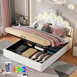Flieks Polsterbett 140x200cm mit Lattenrost, Kinderbett mit Kronenförmigem Kopfteil, Jugendbett Doppelbett mit Led, Hydraulisches Stauraumbett, PU - Weiß