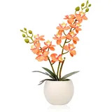 Olrla Künstliche Orchidee mit orangefarbenen Blüten in weißem Topf, Real Touch Faux-Phalaenopsis-Orchidee zur Dekoration für Hochzeiten, zu Hause, Büro und Partys