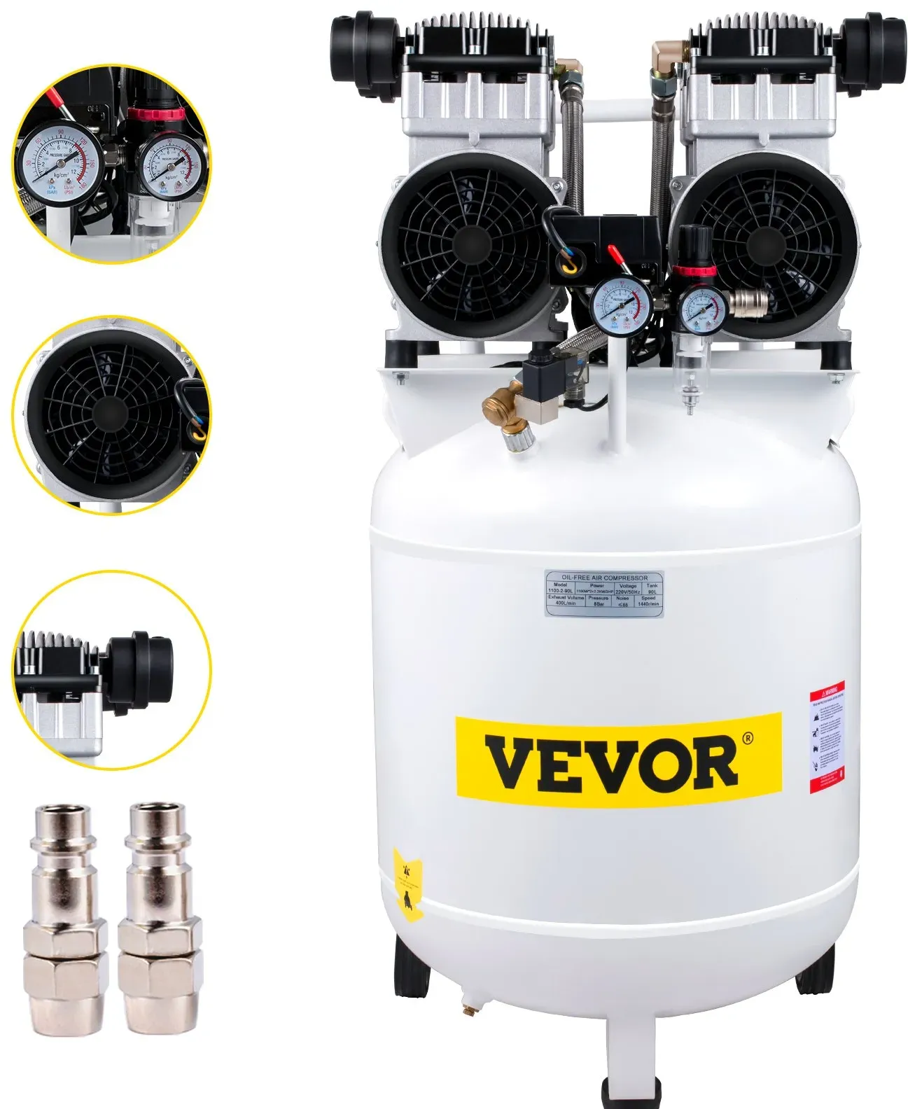 VEVOR Flüsterkompressor 90L Kompressor leise 3PS/2200W Ölfrei Druckluftkompressor 115PSI mit 1,2m Kabel Flüster-Lautstärke 88dB Luftkompressor 400L/min Ideal für Werkstatt Reifen Fahrrad