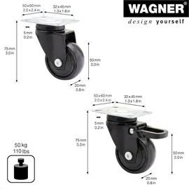 Wagner Design - 3C Lenkrollen soft 4tlg. Set - Ø 50 mm, 2 mit Bremse, schwarz,