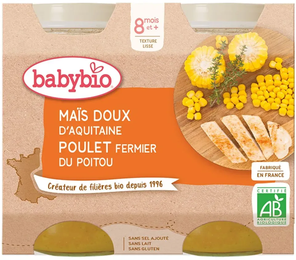 Babybio MAÏS DOUX D'AQUITAINE & POULET FERMIER DU POITOU dès 8 mois 400 g Aliment