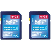 Integral 64GB 2-Pack UHS-II SD-Karte V60 Bis zu 280 MB/s Lese- und 100 MB/s Schreibgeschwindigkeit SDXC Professional High Speed Speicherkarte