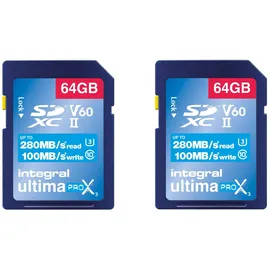 Integral 64GB 2-Pack UHS-II SD-Karte V60 Bis zu 280 MB/s Lese- und 100 MB/s Schreibgeschwindigkeit SDXC Professional High Speed Speicherkarte