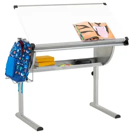CARO-Möbel Kinderschreibtisch Sari höhenverstellbar in weiß/alu, Schreibtisch für Kinder neigbar mit Rille für Stifte, Schülerschreibtisch mit Ablage und... Rucksackhalterung