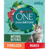PURINA ONE DUALNATURE Kroketten sterilisierte Katze, reich an Rindfleisch und mit natürlicher Spirulina – 8 Beutel à 400 g