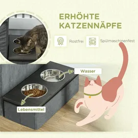 PawHut Katzenhöhle Katzenhütte mit Treppe, Katzenhaus mit 2 Edelstahlnäpfen, Kissen