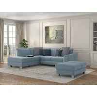 Ecksofa SIT & MORE "Dundee L-Form" Sofas Gr. B/H/T: 263cm x 86cm x 219cm, Struktur weich, Ottomane links, mit Kopfteilverstellung-ohne Bettfunktion-ohne Stauraum, blau (hellblau) mit Federkern und Edelstahlfüßen, wahlweise Kopfteilverstellung