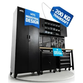 ntg nutzfahrzeug technik gmbh (32457 porta westfalica) XL Werkstattwand Komplett-Set 210 cm – Modulares Werkstattsystem mit 25 mm Holzarbeitsplatte, Werkzeugschränken, Lochwand 200 kg