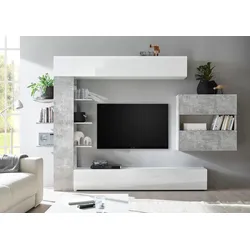 Wohnwand INOSIGN "Sorano", weiß (weiß matt, weiß hochglanz lack, beton, optik), Kastenmöbel-Sets, mit Hängeschrank
