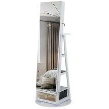 Costway Schmuckschrank mit Spiegel, LED & 3 Ablagen, drehbar & abschließbar weiß