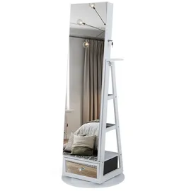 Costway Schmuckschrank mit Spiegel, LED & 3 Ablagen, drehbar & abschließbar weiß