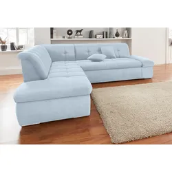 DOMO collection Ecksofa »NMoric incl. Zierkissen B/T/H: 273/216/80 cm L-Form«, Ottomanen-Abschluss, wahlweise mit Bettfunktion und Armlehnverstellung DOMO collection pastelblau