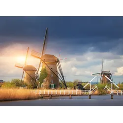 Fototapete PAPERMOON "Windmills Kinderdijk Sunset", bunt (mehrfarbig), B:3m L:2,23m, Vlies, Tapeten