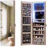 Vlsrka LED Schmuckschrank Hängend, Türspiegel/Wandspiegel mit schmuckschrank, Schmuckschrank mit Spiegel Abschließbarer, Schmuckspielgelschrank mit 3 Farben Licht, Spiegelschrank mit Beleuchtung, Holz