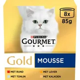Gourmet Gold Mousse Katzenfutter, Nassfutter mit Thunfisch, Leber, Truthahn und Rind - 8x85g - 6er Box (48 Dosen; 4,08kg)