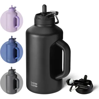 BOTTLE BOTTLE Isolierte Wasserflasche mit Strohhalm und doppeltem Deckel, Sport-Edelstahl-Wasserflasche für Herren, mit Griff, Vakuum-Edelstahl, für Workout und Sport, 1,8 l, Schwarz