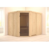 Woodfeeling Karibu Sauna Malin mit Eckeinstieg 68 mm-Ohne Ofen-ohne Dachkranz-Ganzglastür in Graphit-Optik inkl. 8-teiligem gratis Zubehörpaket (Gesamtwert 191,92€)