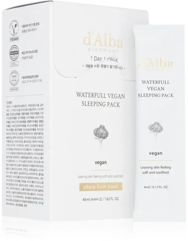 d'Alba Waterfull Vegan Sleeping Pack beruhigende feuchtigkeitsspendende Maske für die Nacht 4x12 ml