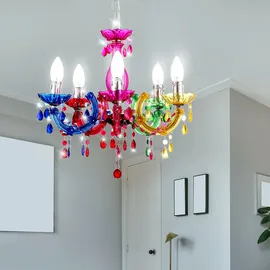 GLOBO Kronleuchter modern Pendelleuchte Schlafzimmerleuchte 5 flammig, Kristalle bunt, Metall Acryl, 5x E14, DxH 44 x 128 cm