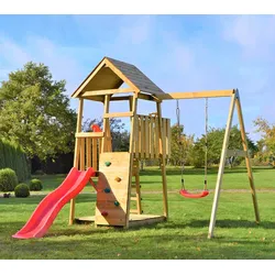 Wendi Toys Holz Spielturm Panda | inkl. Rutsche, Kletterwand und Schaukel | Natur | 290x270x270 cm