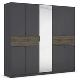 Rauch Möbel Ticao, Drehtürenschrank Kleiderschrank, Schrank mit Stauraum 9-türig, Spiegel, 2 Schubladen, Farbe Grau-metallic/Atlantic Oak Dunkel, 226x210x54cm