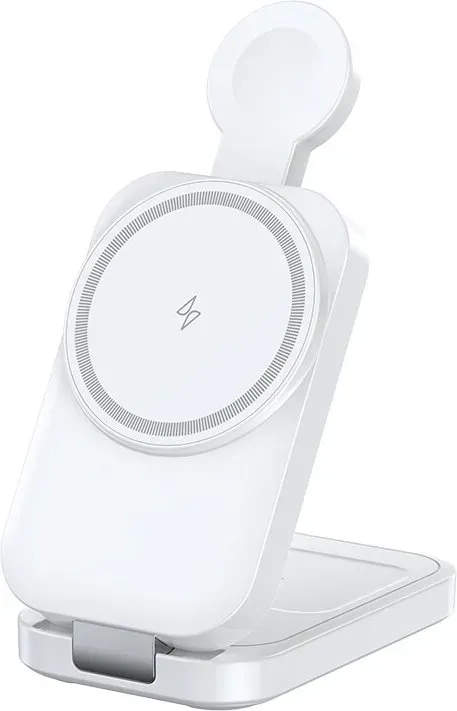 Rexsun 3-in-1 Faltbare Magnetische Wireless-Ladestation, 15W Schnellladegerät für MagSafe, Reisegröße für iPhone 16/15/14/13/12, Apple Watch, AirPods, Netzadapter nicht enthalten, T18, Weiß