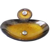 Homelava Modern Gehärtetes Glas Waschbecken mit Wasserfall Armatur Set (Gold + Dunkelbraun)