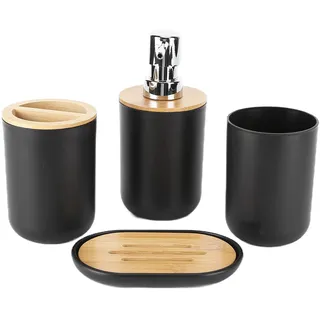 Deror Bad-Accessoires-Set, 4-teiliges Kunststoff-Badezimmer-Dekor-Sets Zubehör, Zahnbürstenhalter, Zahnputzbecher, Seifenspender, Seifenschale(Schwarz)