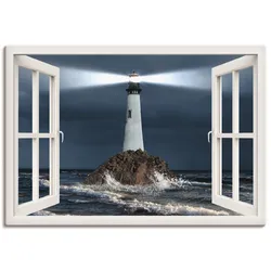 Artland Leinwandbild »Fensterblick Leuchtturm mit Lichtstrahl«, Gebäude, (1 St.), auf Keilrahmen gespannt Artland Farbe Bild(er): weiß