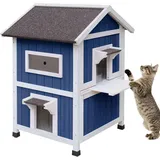 HiCaptain wetterfestes Katzenhaus für Draußen, draußen hölzernes streunendes Katzenhaus 2-stöckiges großes Katzenhaus für 2-3 Katzen-53x53x92cm (blau)