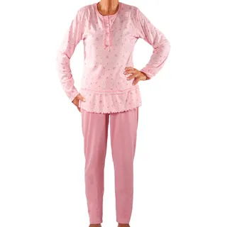 Seniorenmode24 Damen Senioren Oma Schlafanzug mit Blumen kuschelig weich aus Baumwolle Hose mit Gummizug ideal für pflegebedürftige Omas einfach anzuziehen und super pflegeleicht (rosa, 42/44) - 42