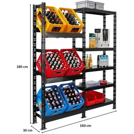 Proregal Getränkekistenregal Gaardasee HxBxT 180 x 160 x 30 cm 6 Kisten & 5 Boards Schwarz Freistehend Kistenständer Getränkeregal
