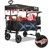 Sekey Bollerwagen Faltbar mit Dach 2 Kinder 150KG, Faltbarer Bollerwagen Handwagen Schiebegriff, Kinderwagen Stoßfest PU Räder mit Bremsen 110L, Dach-SS 5050, Schwarz