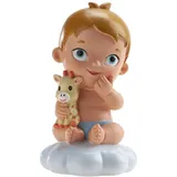 dekora – Taufdeko Junge mit Plüschgiraffe 10,5 cm – Tortenfigur für Taufe – Tortendeko für Tauftorte – Aus lebensmittelechtem Harz gefertigt – Originelles und detailreiches